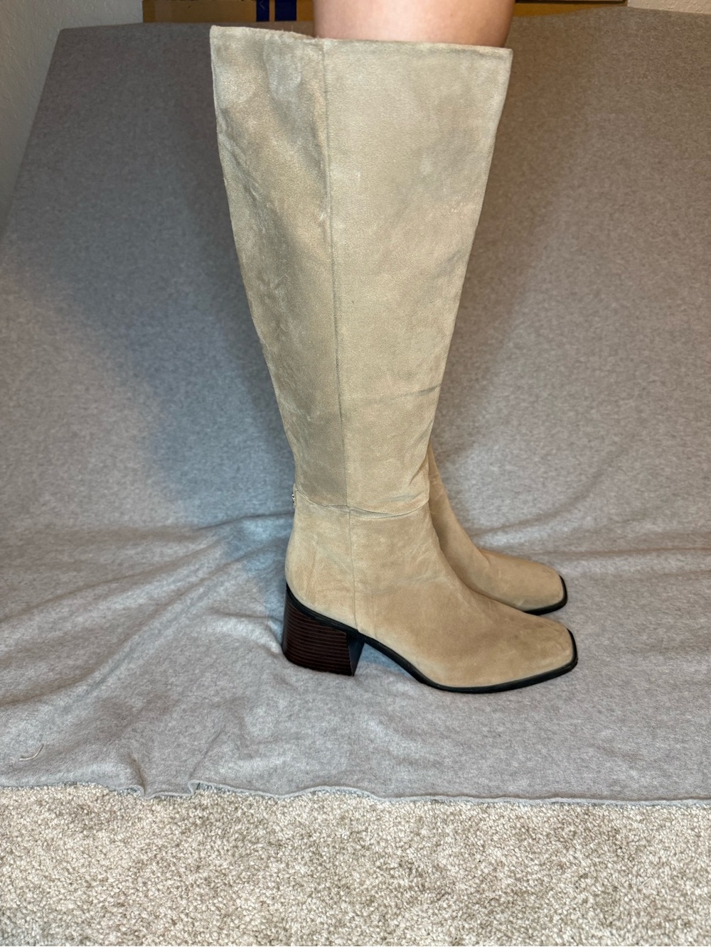 Sam Edelman Beige Suede Knee-High Block Heel Boots